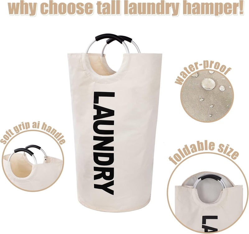 Twira 100L Large Laundry Basket, Laundry Hamper Stands Up Well, Laundry Bag with Padded Handles, Waterproof Clothes Bin Collapsible, Clothes Hamper for Bathroom, Laundry, College (Beige) - Image 4